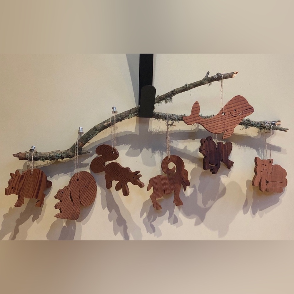 Handmade Wood Animal Ornaments Set - Whale Frog Goat Squirrel Aardvark Cat Pig